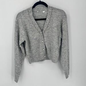 ASTR the Label Faux Pearl Embellished Cropped Cardigan Light Gray Women's Small
